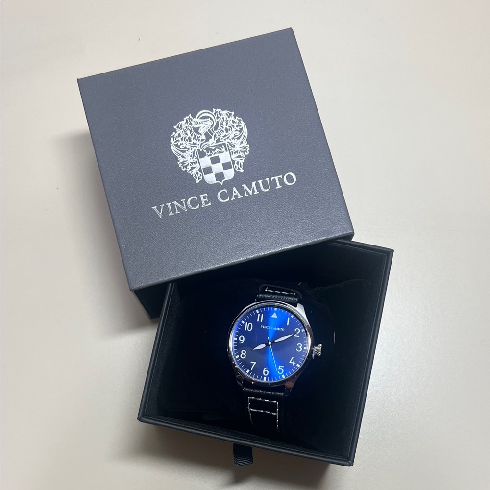 Vince Camuto Aldo Men's Watch w/1.5” Vibrant Blue Dial and Black Leather Band